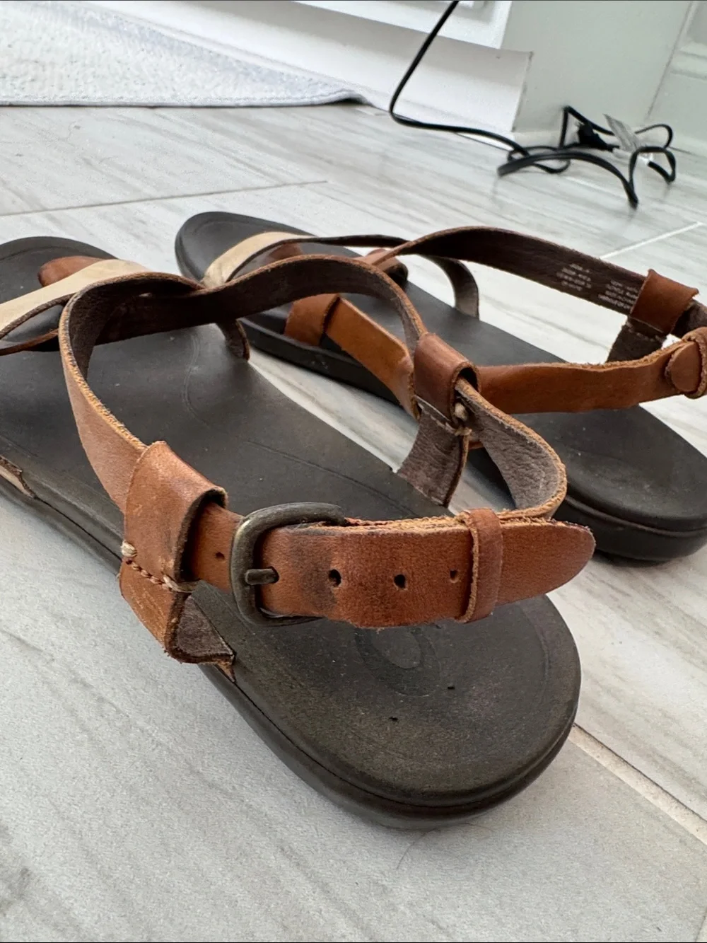 OluKai Brown Leather Sandals with Gold Accent Straps